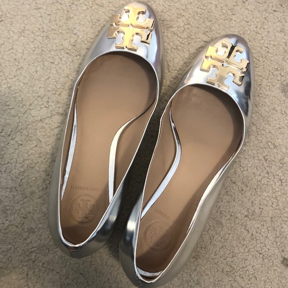Tory Burch Shoes - Tory Burch Metallic Silver Flats with Gold